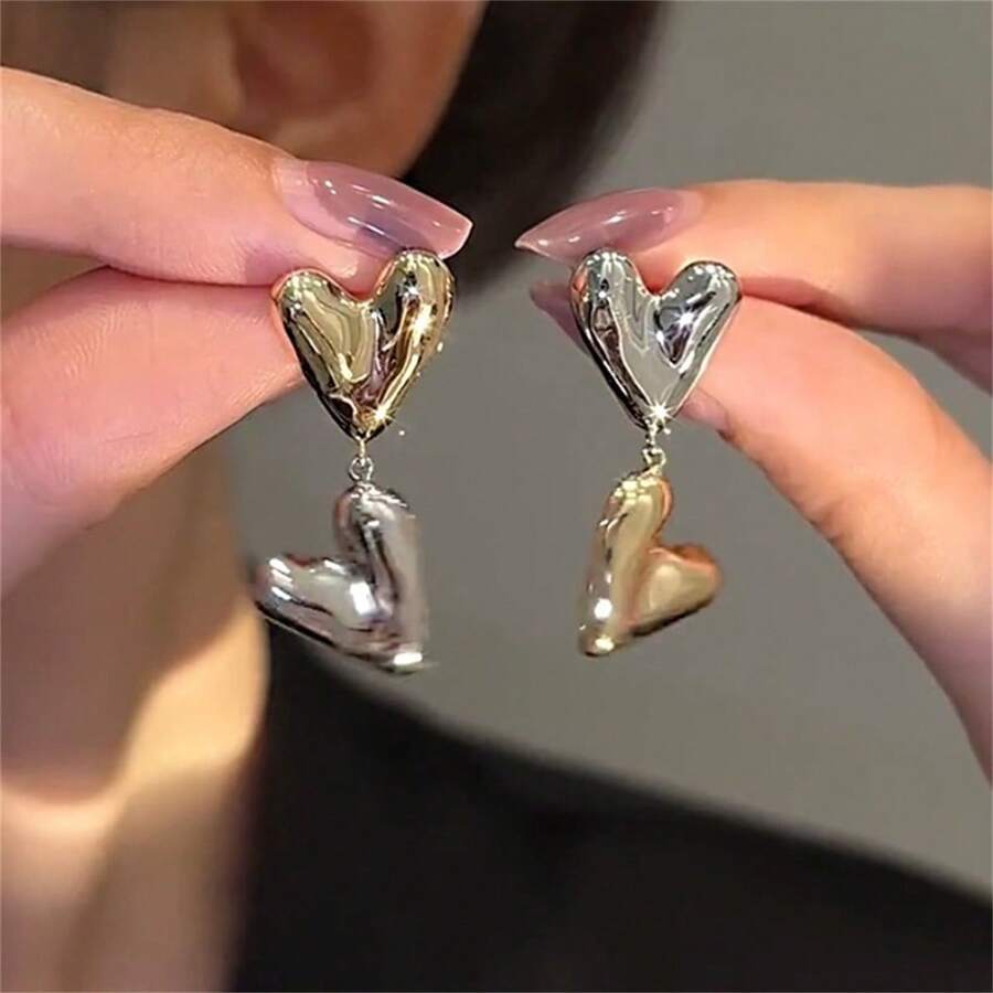 1 Pair European & American Style Mixed Gold & Silver Heart Shaped Earrings, Fashionable & Minimalist, Suitable For Women, Daily Accessory, Jewelry Gift