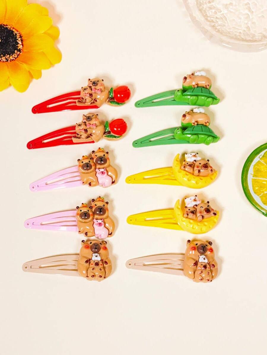 10 piezas Lindos pasadores para el cabello con diseño de capibara de dibujos animados, accesorios para el cabello de capibara en rosa/verde/amarillo, regalos adorables y de moda para niñas