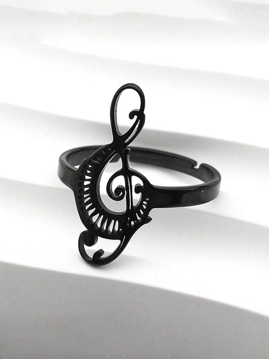 Anillo de dedo con forma de nota musical hueca para mujeres, de acero inoxidable color plata, con símbolo musical de teclas de piano, regalo de joyería estilo gótico