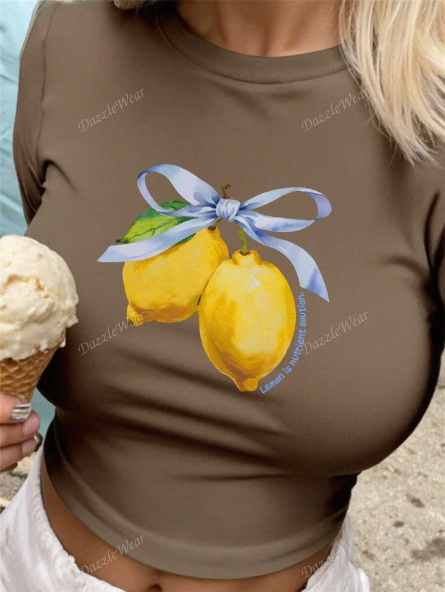 Women's Summer Letter Fruit Printed Cropped Round Neck Short Sleeve Silm Fit Casual T-Shirt,Lemon & Bow Graphic Tees Women Tops,For Summer Women Tee