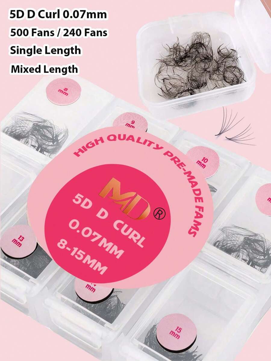 500PCS 5D Premade Fans Eyelash Extensions Fans Volume Lash Extensions 0.07 Thickness Eyelash Extension D Curl Premade Lash Fans Mix 8-15mm Single Length 8-15mm Fluffy Soft Handmade Loose Fan(10D 20D-0.07-D,8-15mm)