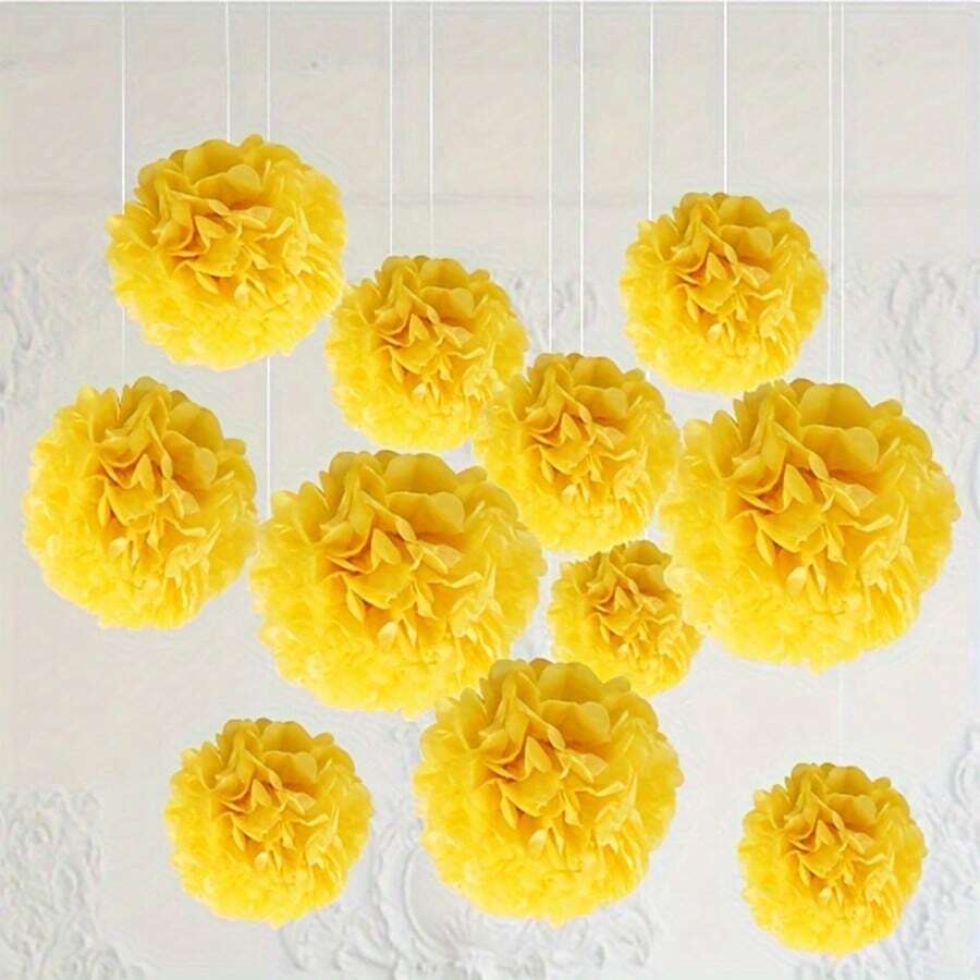 12pcs Yellow Paper Flower Balls - Elegant DIY Party Decor For Weddings, Birthdays, And Bachelor Parties - Vibrant Hanging Decoration With Golden Accents