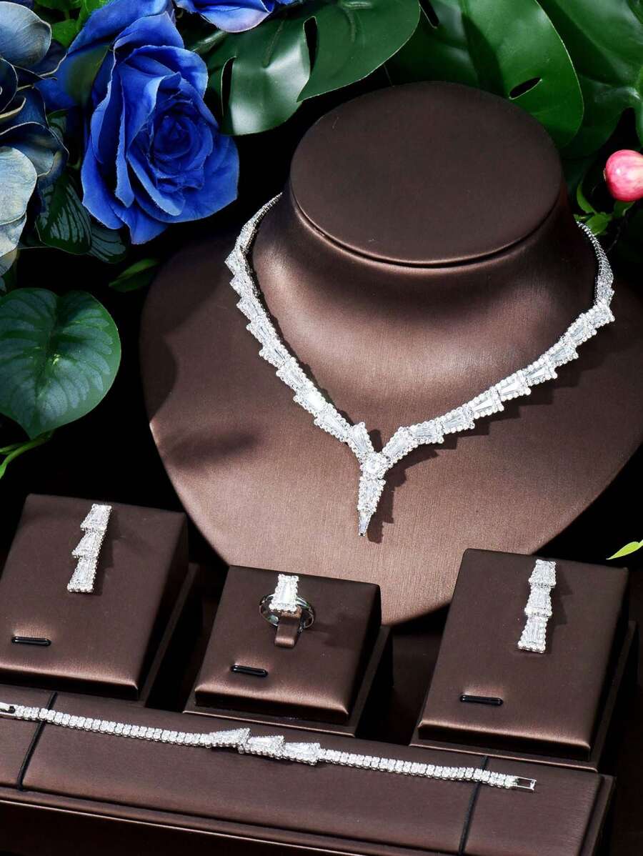 1 Set Elegant Cubic Zirconia Heart Shaped Jewelry Set, Suitable For Women To Wear On Dates