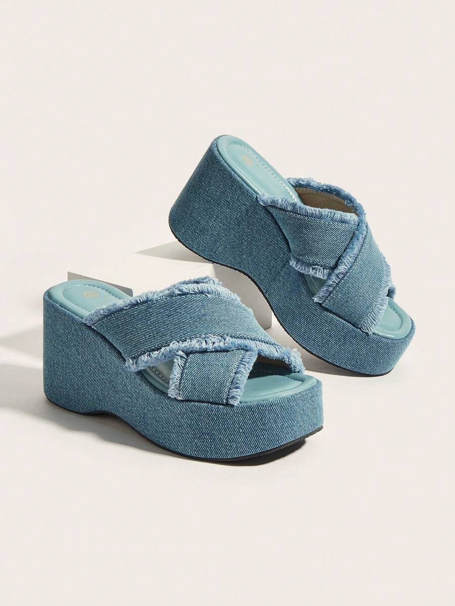 Soft Pale Blue Washed Denim Peep Toe Cross Strap Chunky Platforms, Premium Soft Leather Insole, Slip Resistant Sole, Comfort Fit Thick Sole Wedge Sandals, Versatile Classic Fashion