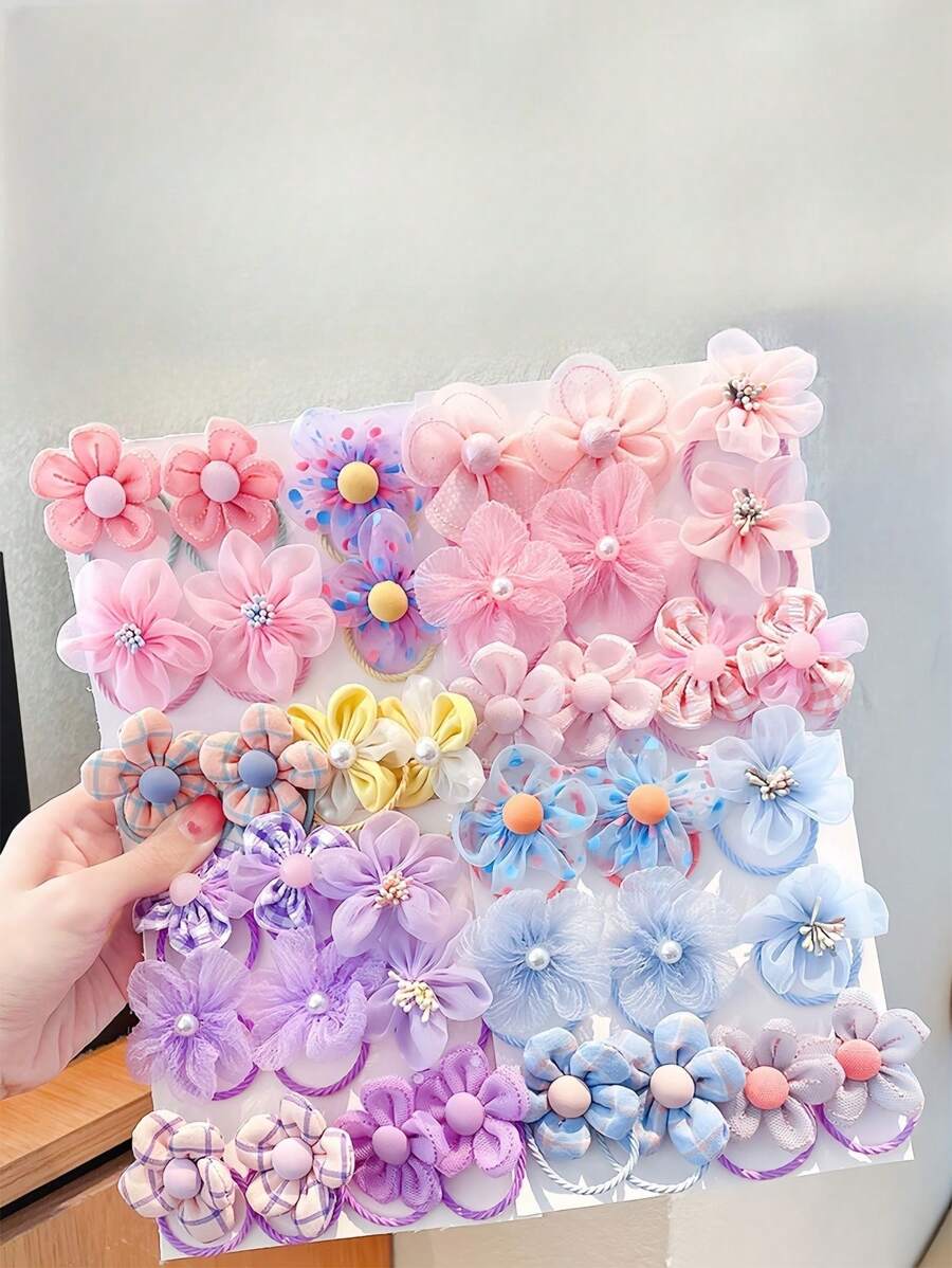 10pcs/Set Cute Mesh Flower Hair Ties With Bowknot, Hair Accessories Ponytail Holder Hair Elastic Hair Rope