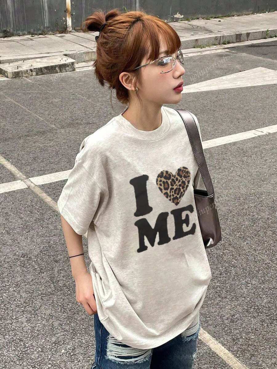 Vintage American Leopard Print Heart Letter Graphic Slim Fit Short Sleeve T-Shirt, Unique Top