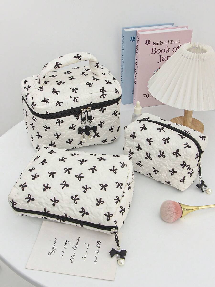 1 Black & White Color Matching Cosmetic Bag With Bow Pattern, Multifunctional Makeup Storage Bag