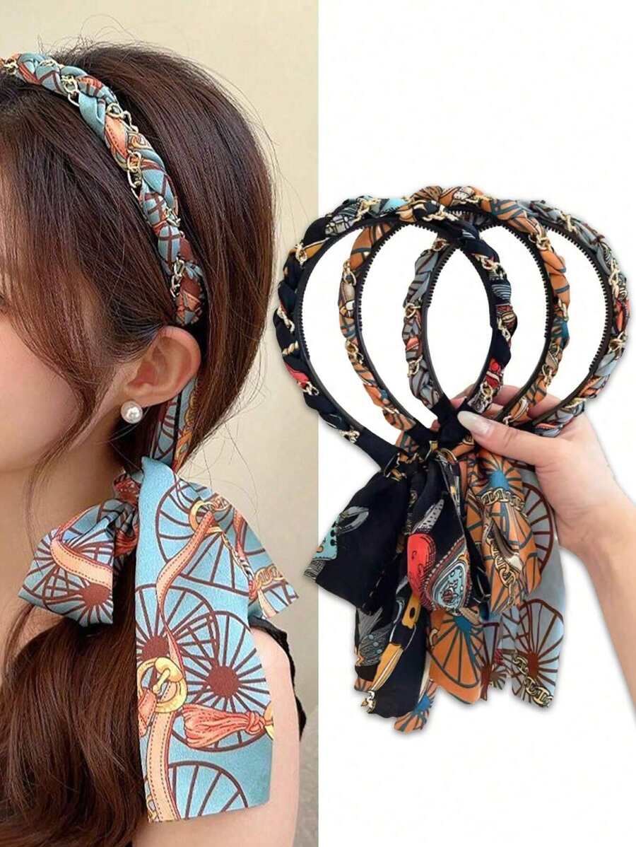 1pc Retro Floral Braided Headband, Women High-End Chiffon Bowknot Elastic Hair Hoop, Female Satin Printed Hairband With Tassel Design,Hairband,Hair Hoop Headbands