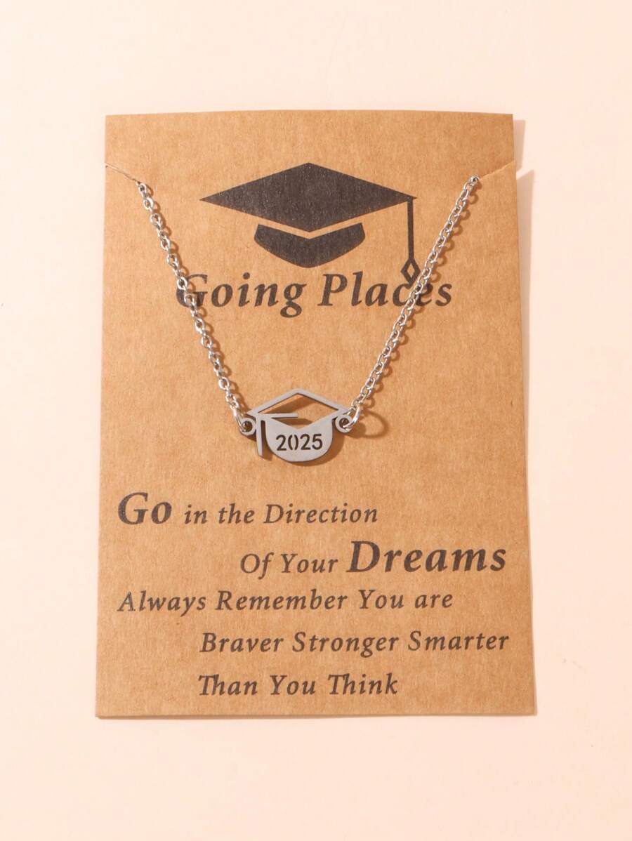 1pc Stainless Steel 2025 Graduation Cap Pendant Necklace With Greeting Card, Suitable As Graduation Gift