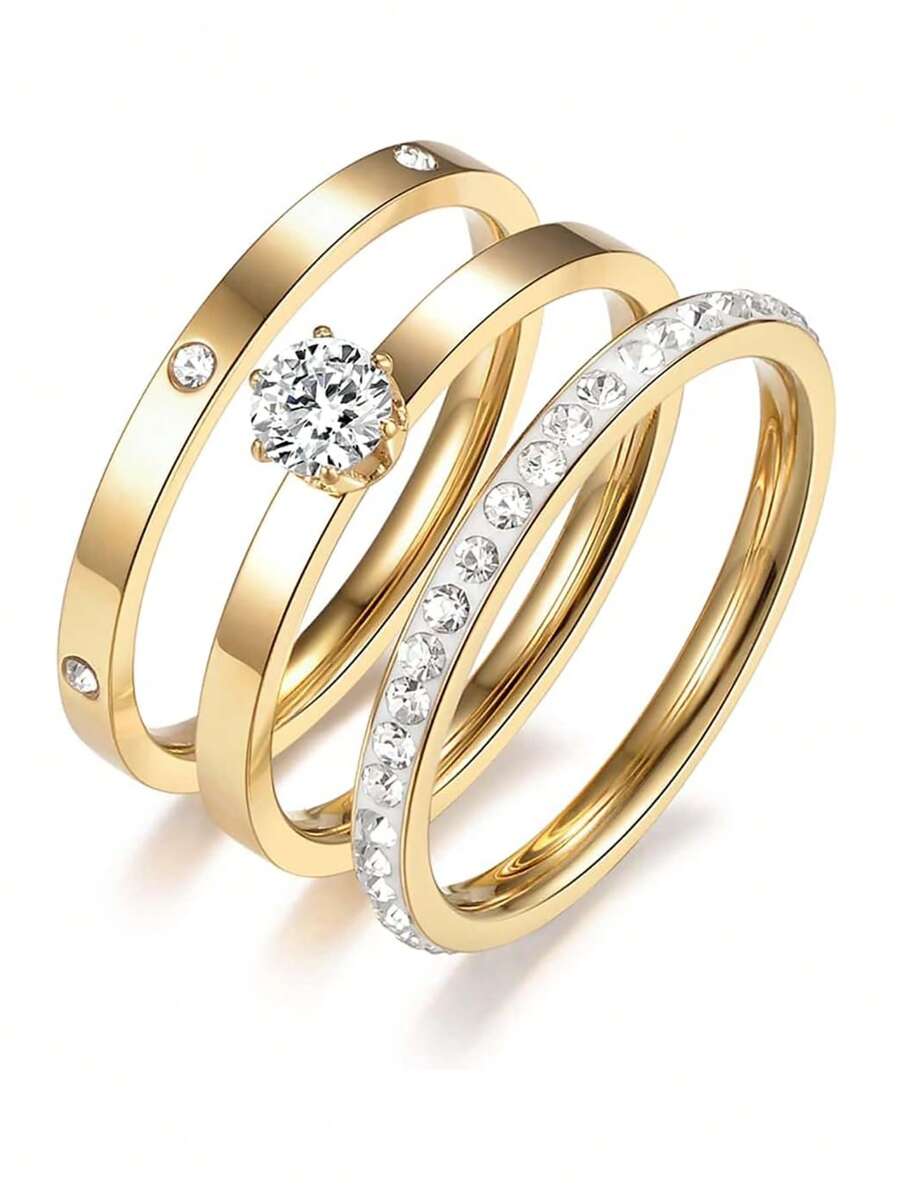Conjunto de 3 anéis de aço inoxidável com zircônia cúbica, banhados a ouro 18K, hipoalergênicos, estilo elegante, adequados para uso diário e festas femininas, presente