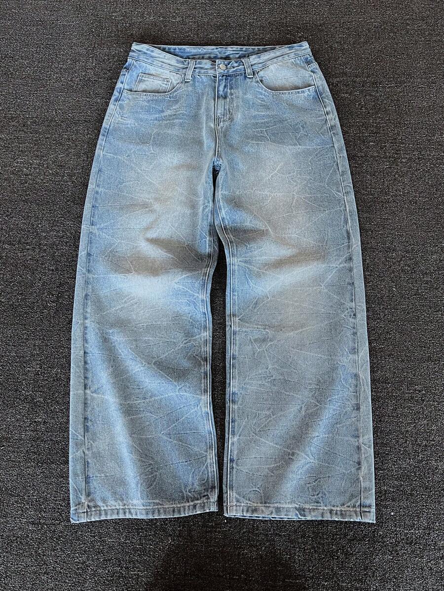 Jeans de pernera ancha y recta suelta, de estilo vintage desgastado y efecto tie-dye en azul claro, de estilo American Streetwear casual y versátil, adecuado como regalo para novio o esposo