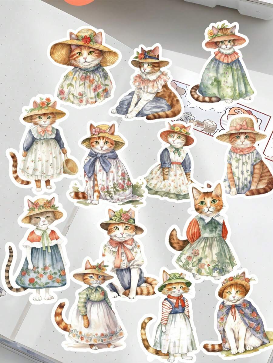 18 pièces Autocollants en papier mignons de personnages d'école d'animaux, chat orange avec une jupe. Idéal pour la décoration de livres, d'ordinateurs portables et de scrapbooking DIY