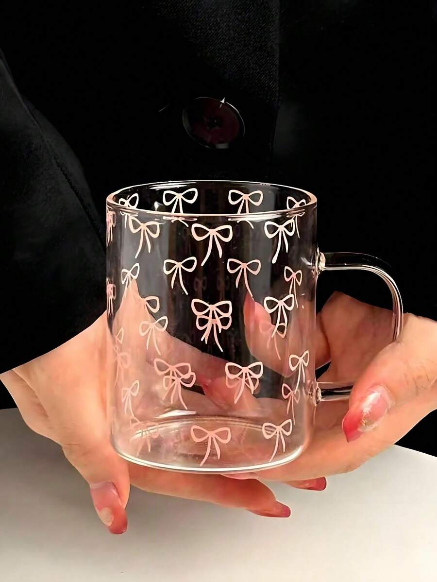 1pc Nordic Style Bow Print Glass Cup, High-Quality Latte Mug, Large Capacity Water Glass Cup, Summer Drinking Glass, Holiday/Birthday Gift, Party Supplies, Gift For Boyfriend/Girlfriend