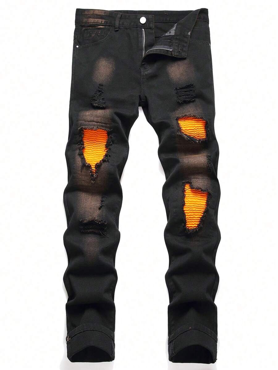 1pc Men's Black Street Style Comfortable Casual Jeans, Spring & Summer, Suitable For City Walking & Outdoor Activities