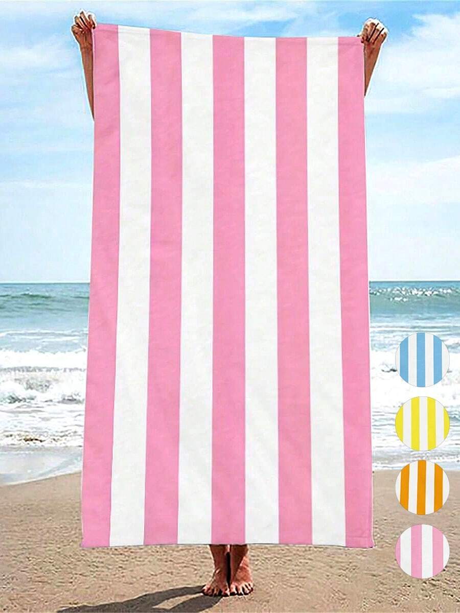 1 pieza Toalla de playa grande a rayas rosa, manta suave con resistencia a la arena, adecuada para piscina, playa, toalla de baño grande, chal para mujer, toalla de baño de secado rápido con impresión digital, toalla de baño esponjosa de doble cara de secado rápido, toalla deportiva absorbente con rayas rosas y azules, toalla de playa portátil, toalla de secado rápido para gimnasia y maratón, impermeable y anti-arena, esencial para la playa y la ducha para parejas