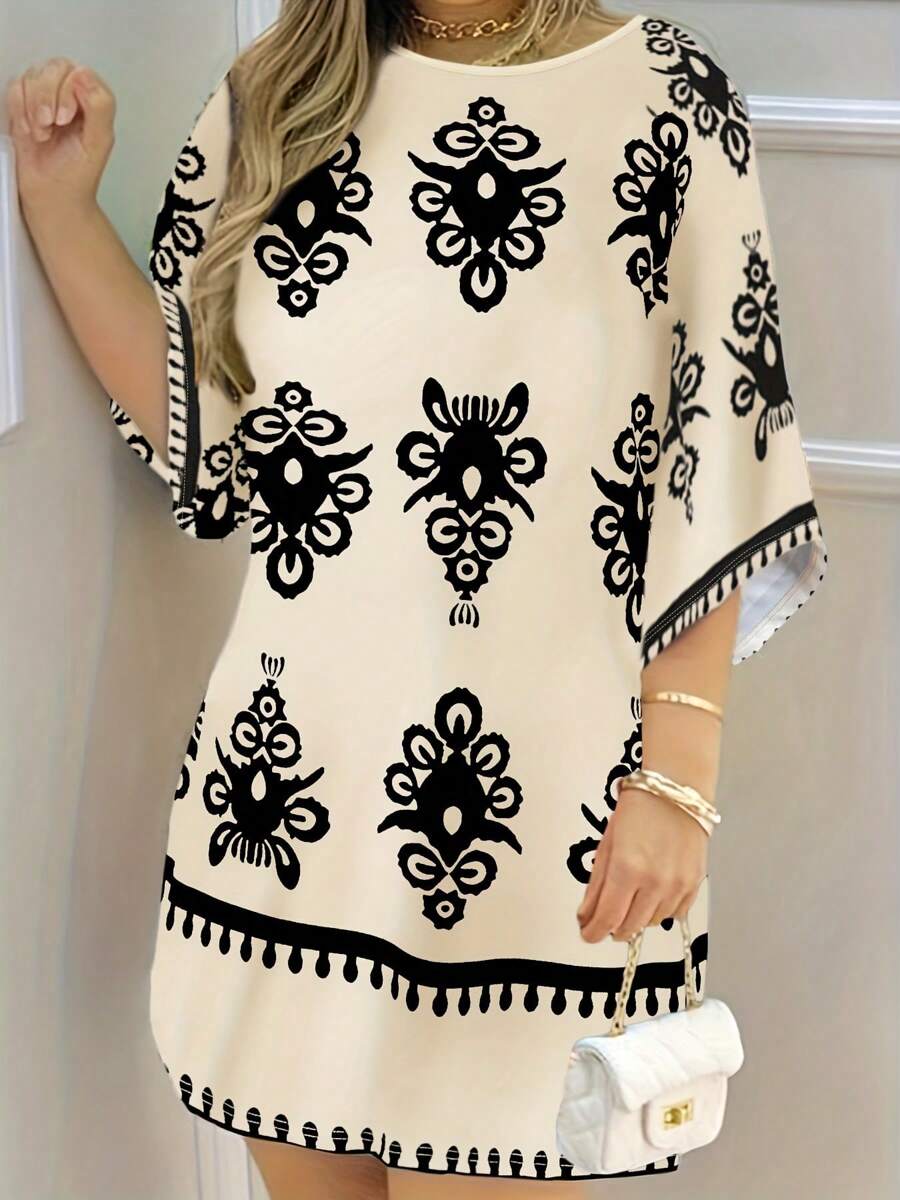 Elegant Black & White Floral Print Dress For Women - Round Neck, Half Sleeve