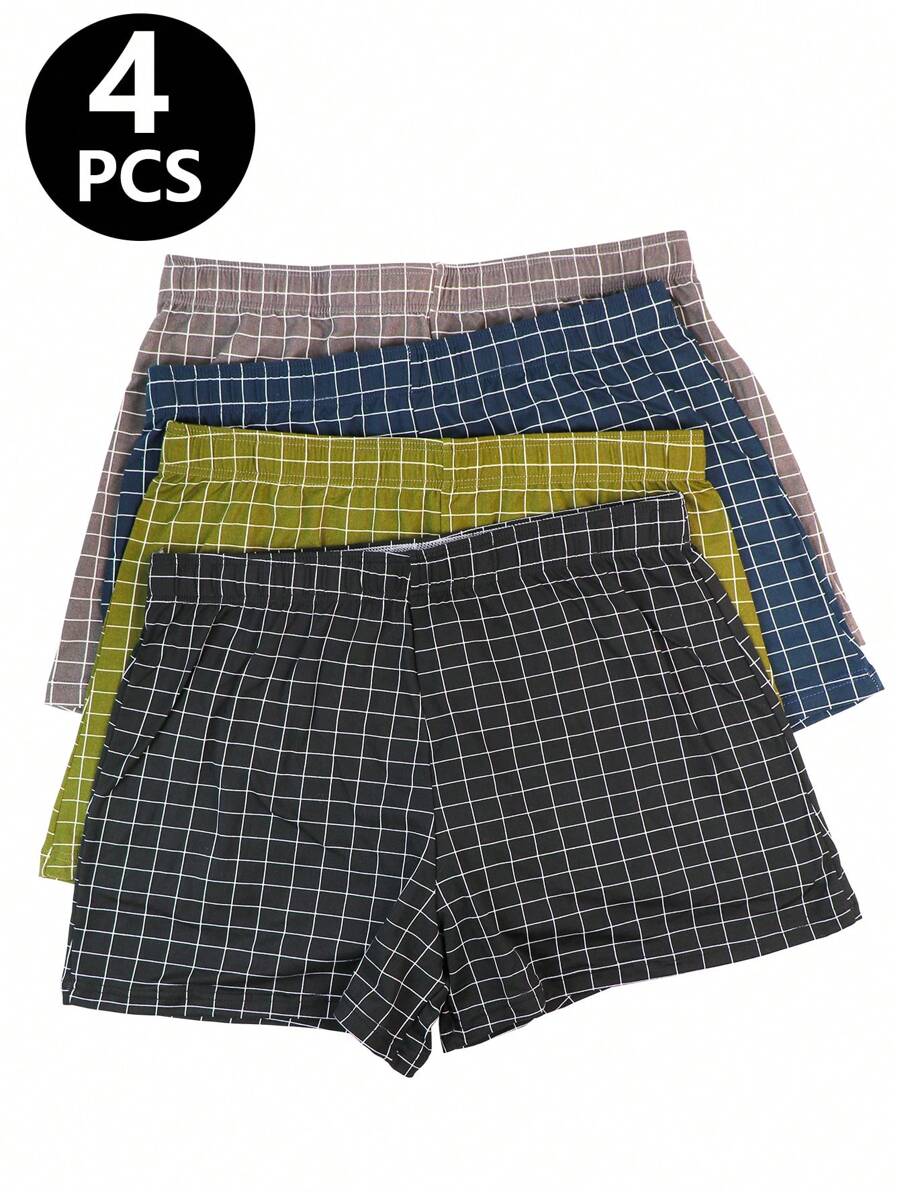 4 Stücke klassische karierte lose sitzende Loungewear Boxer Shorts, weiche & bequeme Herren Unterwäsche Shorts
