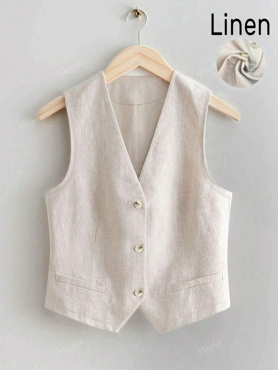 Plus Size Women Casual Linen Short Suit Vest Jacket, Wiosna/Lato