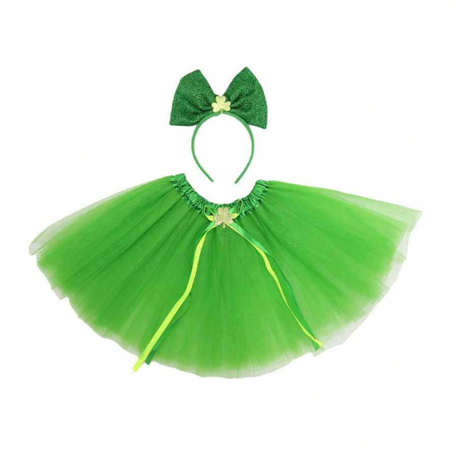 Cat Dog Skirt Set, Green Tulle Skirt With Shiny Clover Hairband/Hat Costume For Irish Holiday
