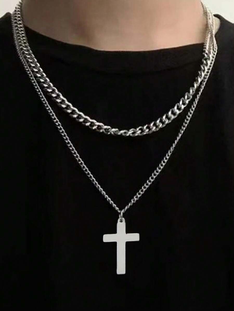 Set de 2 collares con colgante de cruz de acero inoxidable de doble capa, estilo punk y hip-hop para hombres