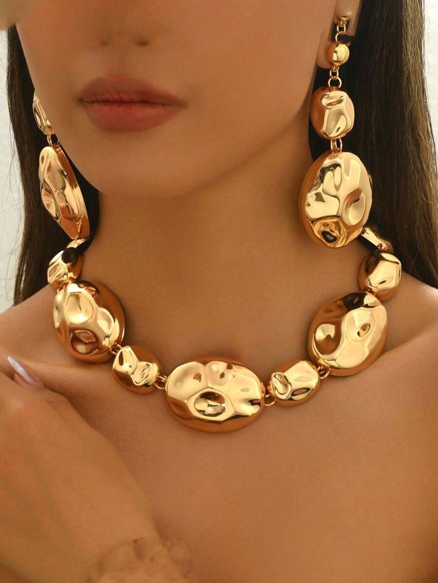 Set de 3 collares metálicos geométricos elípticos elegantes y carismáticos de estilo europeo y americano a la moda