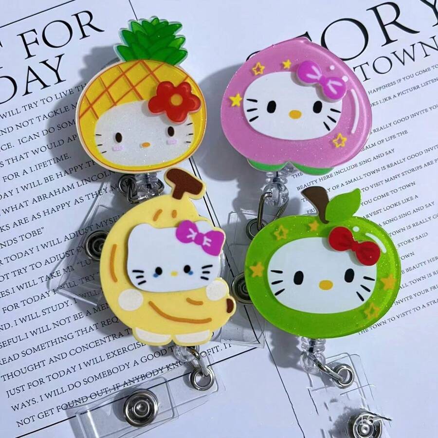 Sanrio 3pcs Sanrio Hello Kitty Cute Glitter Acrylic Nurse Teacher Badge Holder, Cartoon Fruit Badge Reel, Retractable ID Card Holder, Suitable For Teachers, Doctors, Nurses, Business Meetings, School Offices, Easter, Easter Gifts