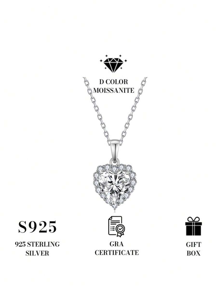 1pc Romantic Love Heart Pendant 925 Sterling Silver Plated 18K Gold Moissanite Rhinestone Necklace, Suitable As Girlfriend Or Mother's Day Gift, Fashion Luxury