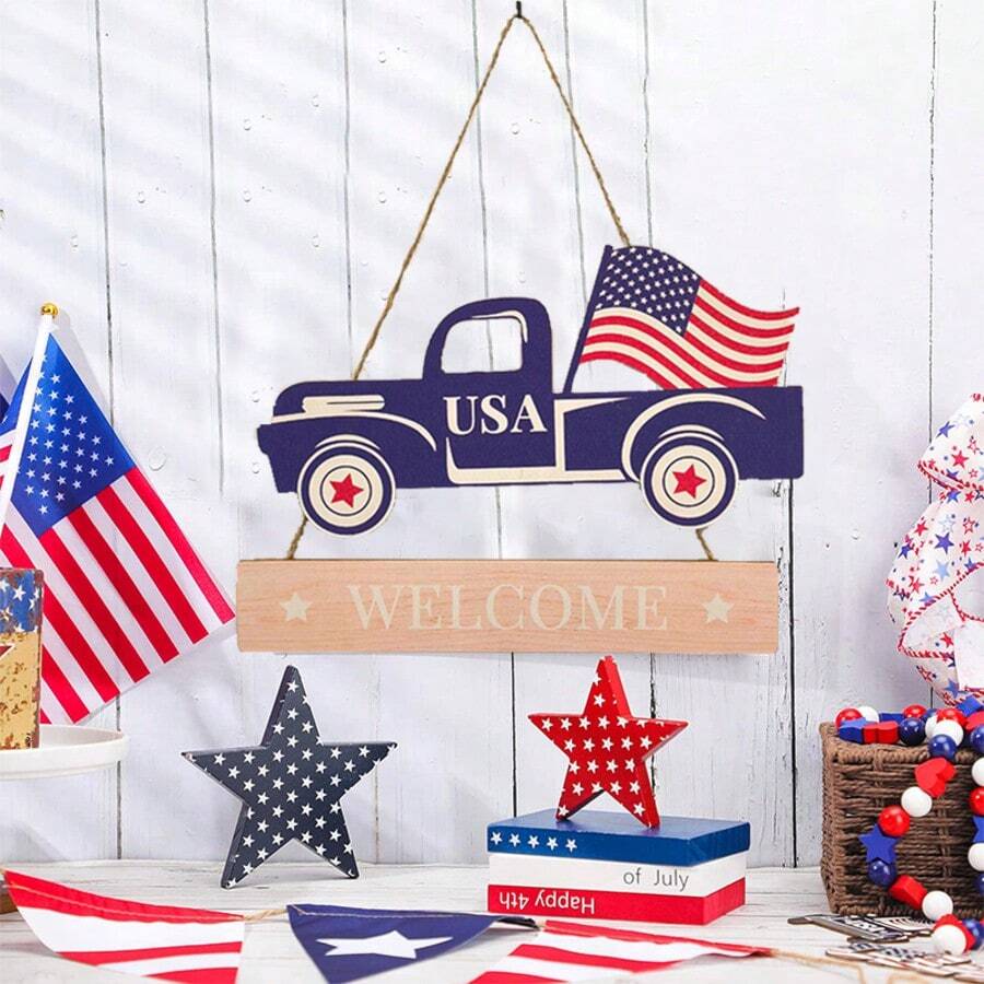 Patriotic Sign 4th Of July Hanging Wooden Truck Plaque With Rope For Wall Front Porch Door Decorations, Independence Day Labor Day Garden Party Supplies