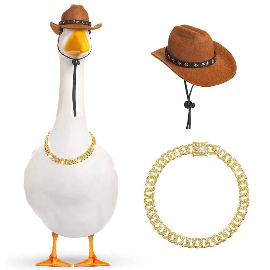 2pcs Western Cowboy Chain Collar Porch Goose Outfits For 23"/ 17'' Lawn Cement Goose Statue Clothes Cowboy Hat With Chain Collar