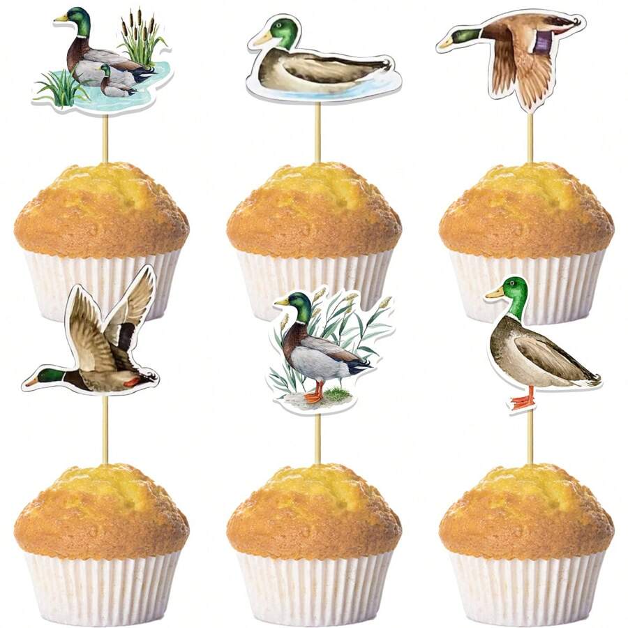 12/24 PEÇAS Toppers de Cupcake de Caça a Patos, Decoração de Festa de Aniversário de Pato, Decorações de Chá de Bebê com Tema Pato, Suprimentos para Festa, Decorações de Bolo com Tema de Pato para Festa de Aniversário, Suprimentos de Festa de Aniversário