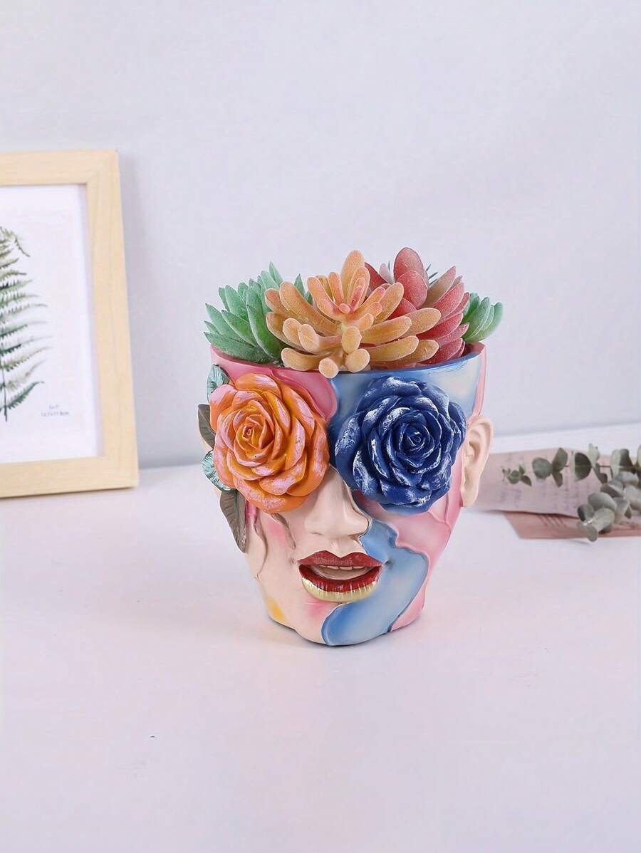 1 pièce Le design de vase en forme de visage, qui dégage le style esthétique de Qimeng, décore le vase, et le magnifique relief de rose est assorti de couleurs oniriques, chaque détail est sculpté avec un artisanat exquis. Il peut être utilisé pour décorer un coin de maison au style scandinave, rempli d'une atmosphère naturelle