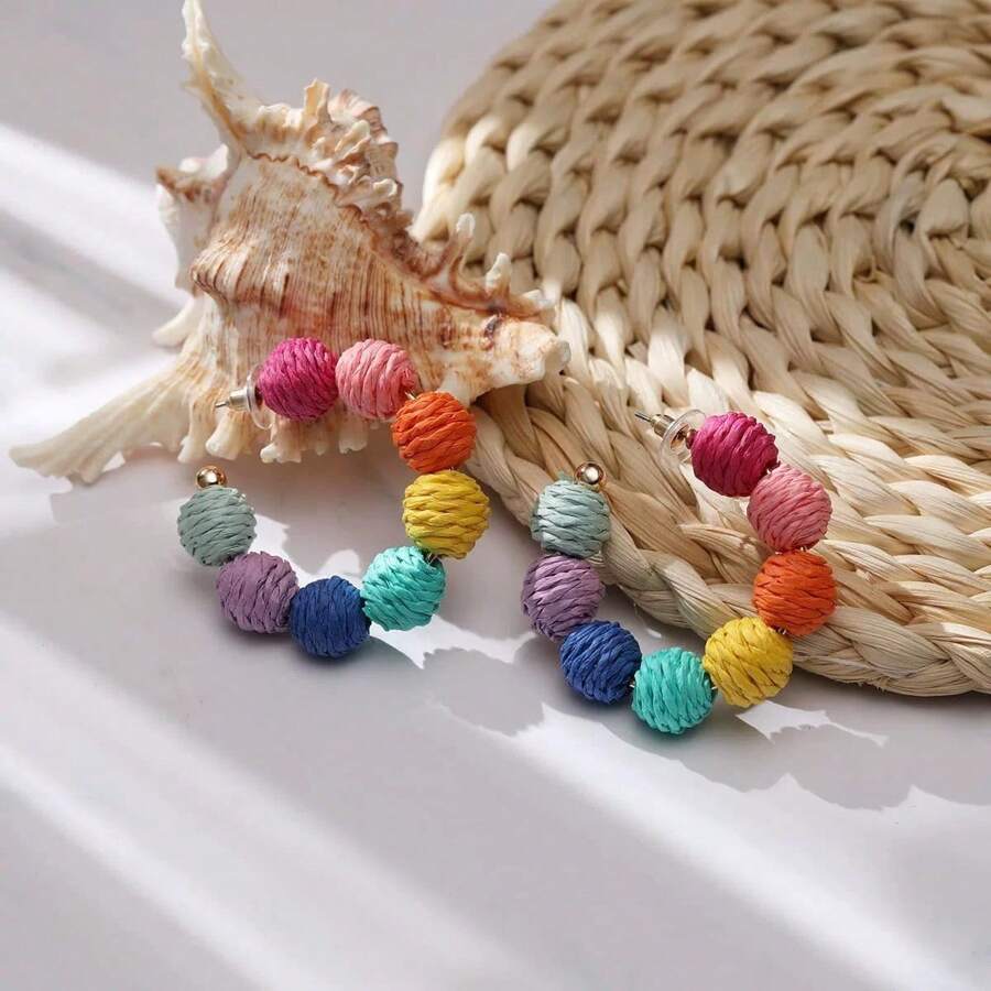Pendientes de aro de rafia de colores, pendientes tejidos de estilo bohemio hechos a mano, accesorios para vacaciones de verano