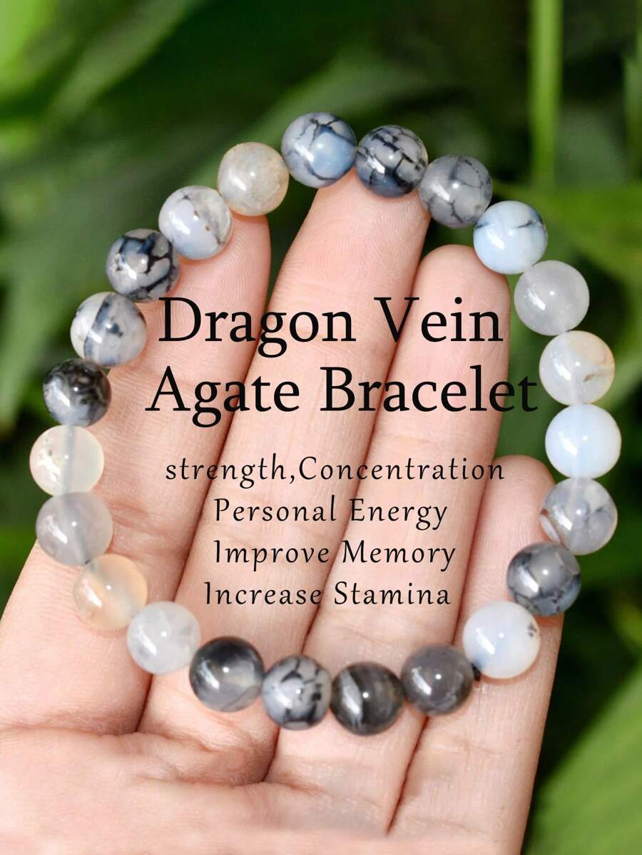 YAUKIA Bracelet de perles en agate à veine de dragon, bracelet de pierres de guérison pour la force, le courage et la protection, bracelet de perles rondes lisses de 6 mm et 8 mm, cadeau de bijoux
