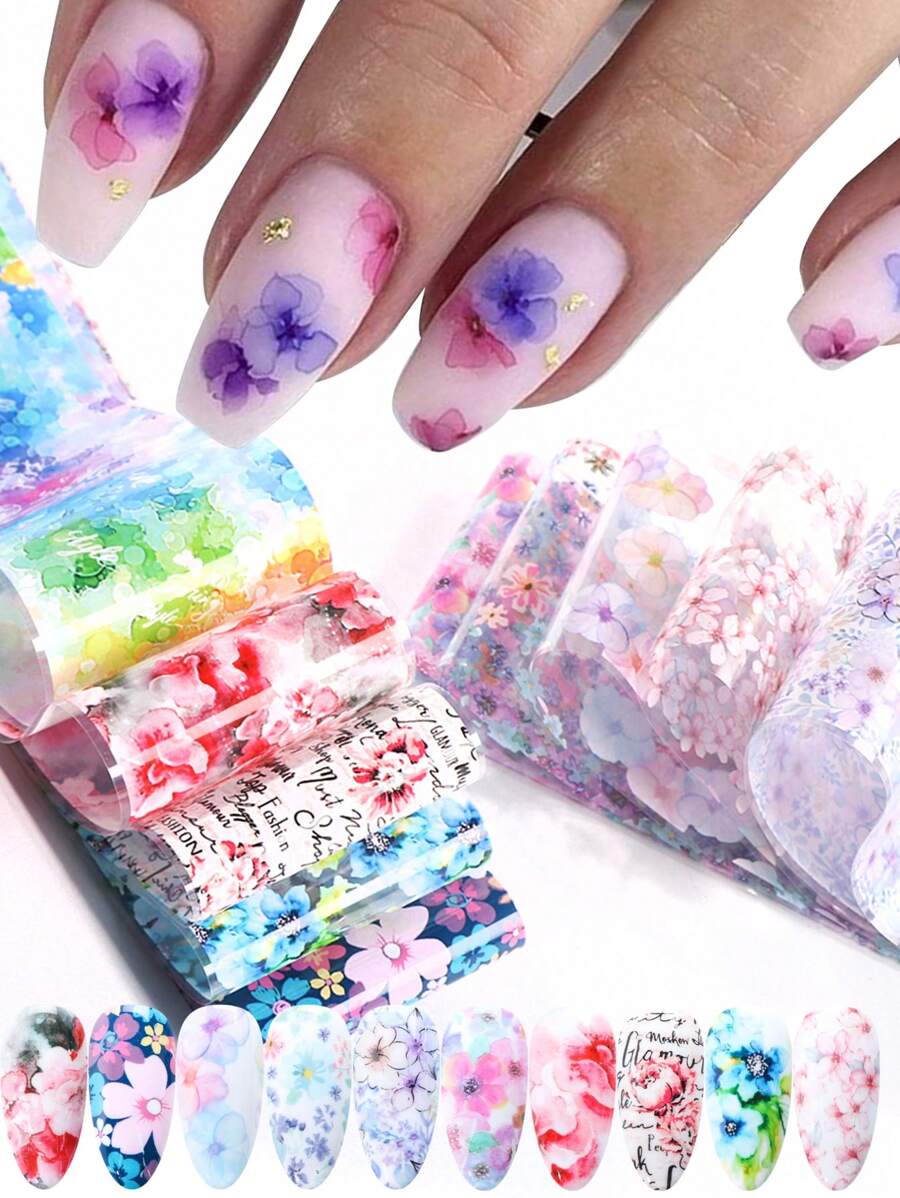 10 Folhas de Adesivos de Folha de Transferência de Unhas com Designs Florais em Aquarela Rosa e Roxo Gradiente, Papel Estrelado DIY Suprimentos para Manicure