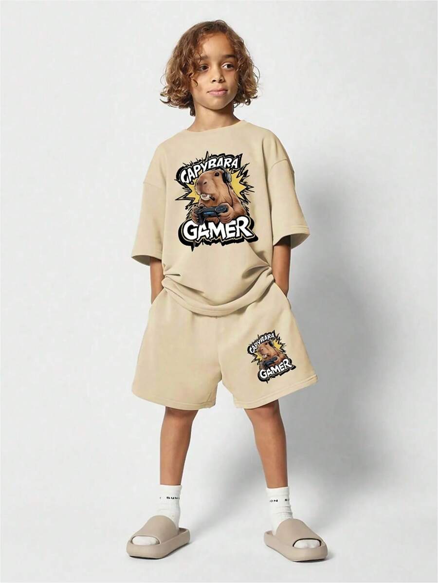 Chłopięcy T-shirt z krótkim rękawem i spodenkami z nadrukiem Capybara Pattern