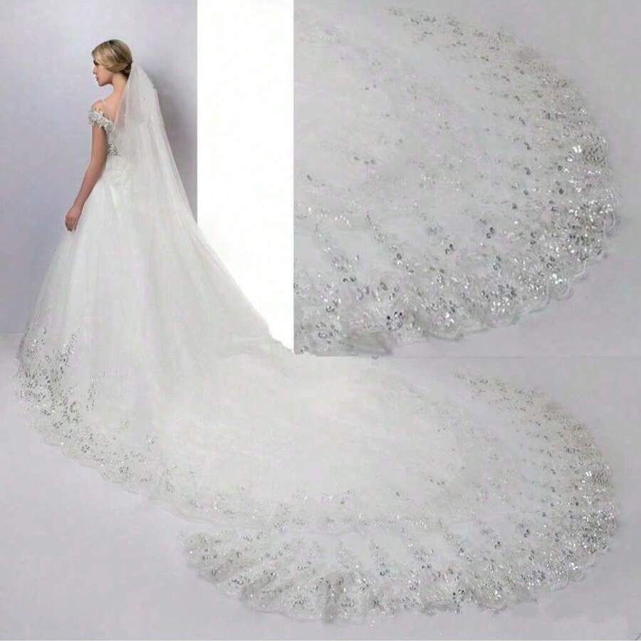 Bride Wedding Veil 3m Long Sparkly Lace New Luxury Bridal Hair Accessory