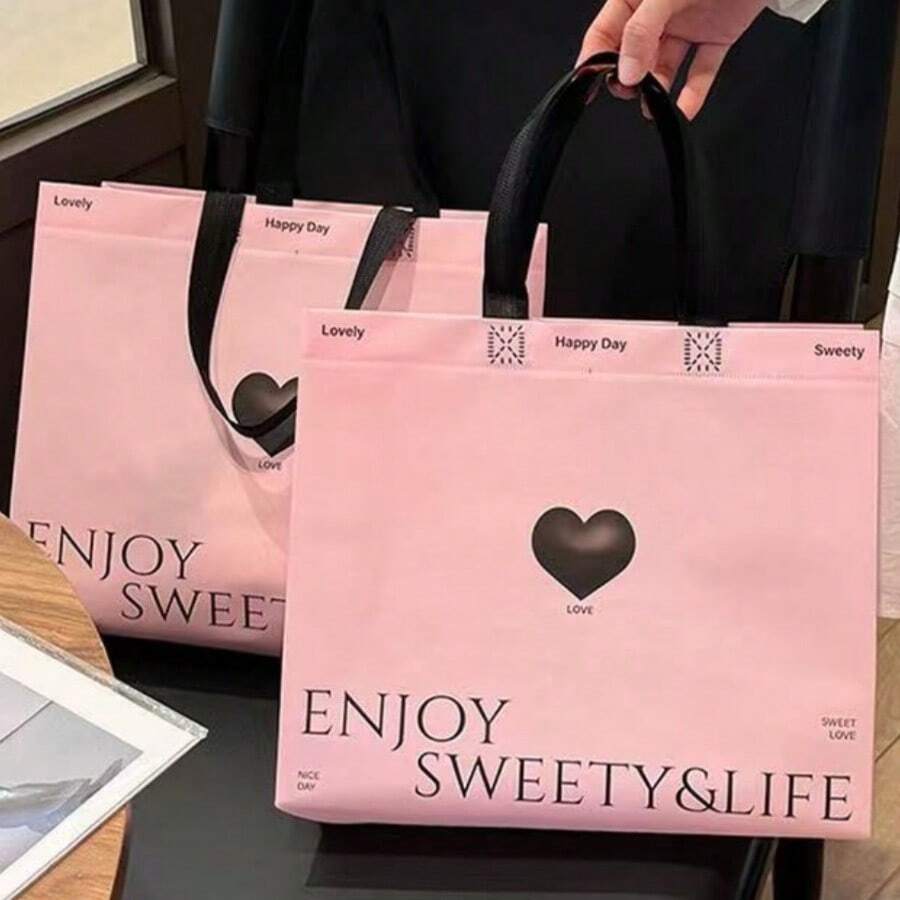 15pcs/Pink Love Non Woven Clothing Store Clothes Packaging Bag Handbag Gift Packaging Shopping Bag Summer Cooling,Beach,Travel