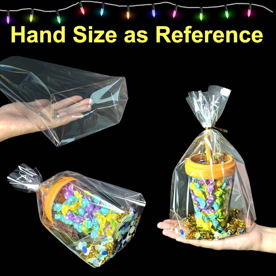50 unidades/100 unidades Bolsas con fondo con pliegue de 8" x 11", 6" x 9", de celofán transparente tipo cello para dulces y regalos, con 50/100 lazos retorcidos, para embalaje de regalos y favores de fiesta