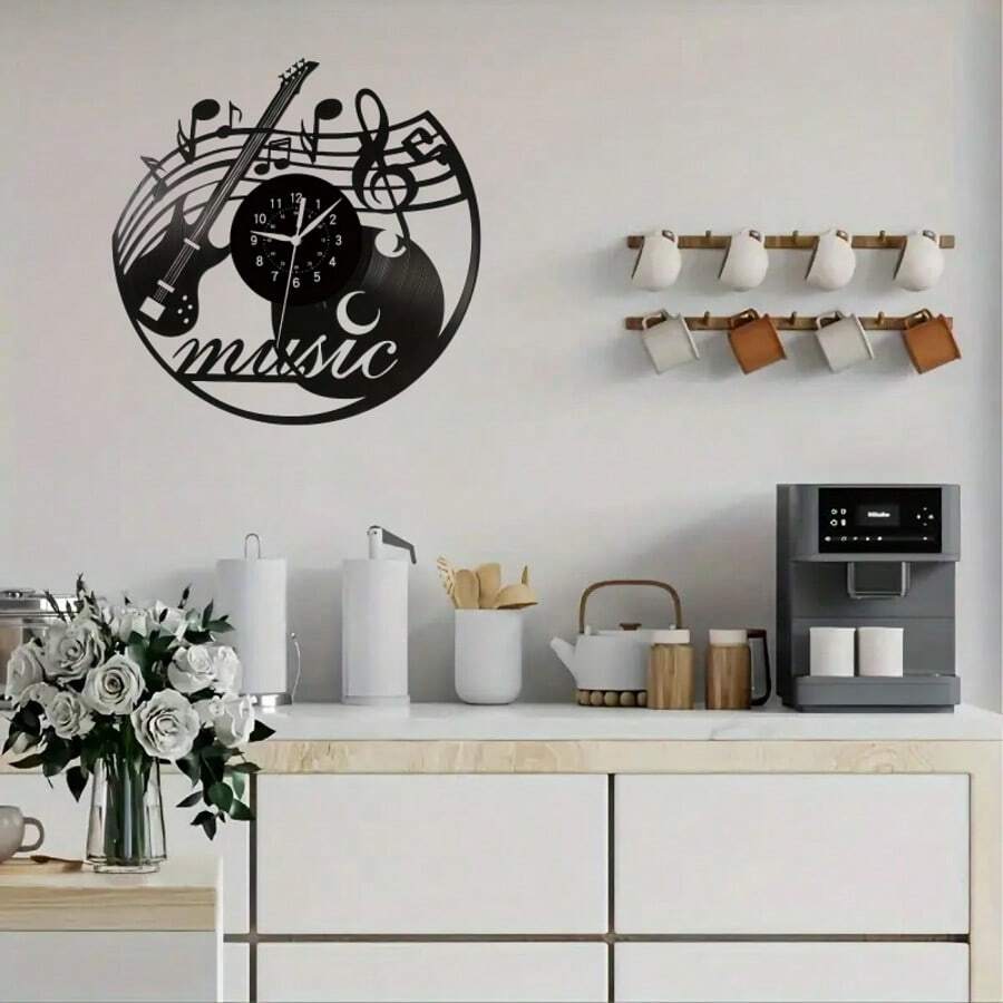 1 pièce Horloge murale de disque vinyle de guitare de musique, silencieuse, noire, avec des notes d'instrument de musique faites à la main. Cadeau exclusif pour les amateurs de musique pour la décoration du salon, de la chambre ou du bureau.