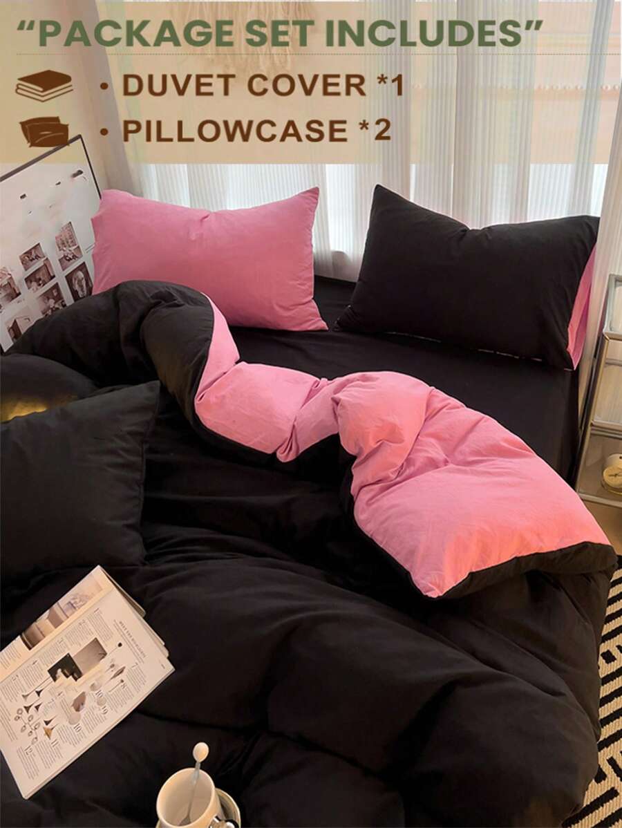 3pcs Set Black & Pink Ultra Soft Dorm Bedding Duvet Cover & Pillowcase Set, Breathable Bedroom Bedding, 1 Duvet Cover & 2 Pillowcases (No Filling), Machine Washable