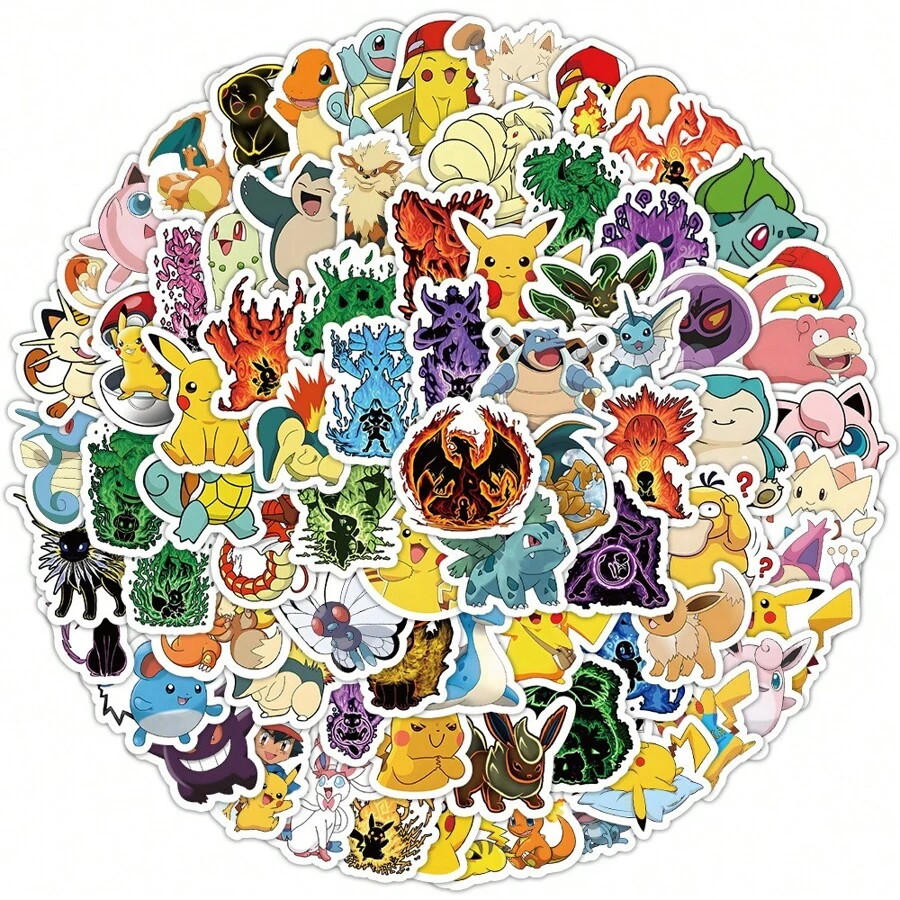 pokemon 100 szt. uroczych wodoodpornych naklejek z motywem Pokémon w opakowaniu zbiorczym - najwyższej jakości naklejki z PVC dla dzieci - idealny prezent na urodziny, świąteczne przyjęcie - urocze naklejki z motywem anime na laptopa, butelkę z wodą, dekoracje do albumu i dziennika