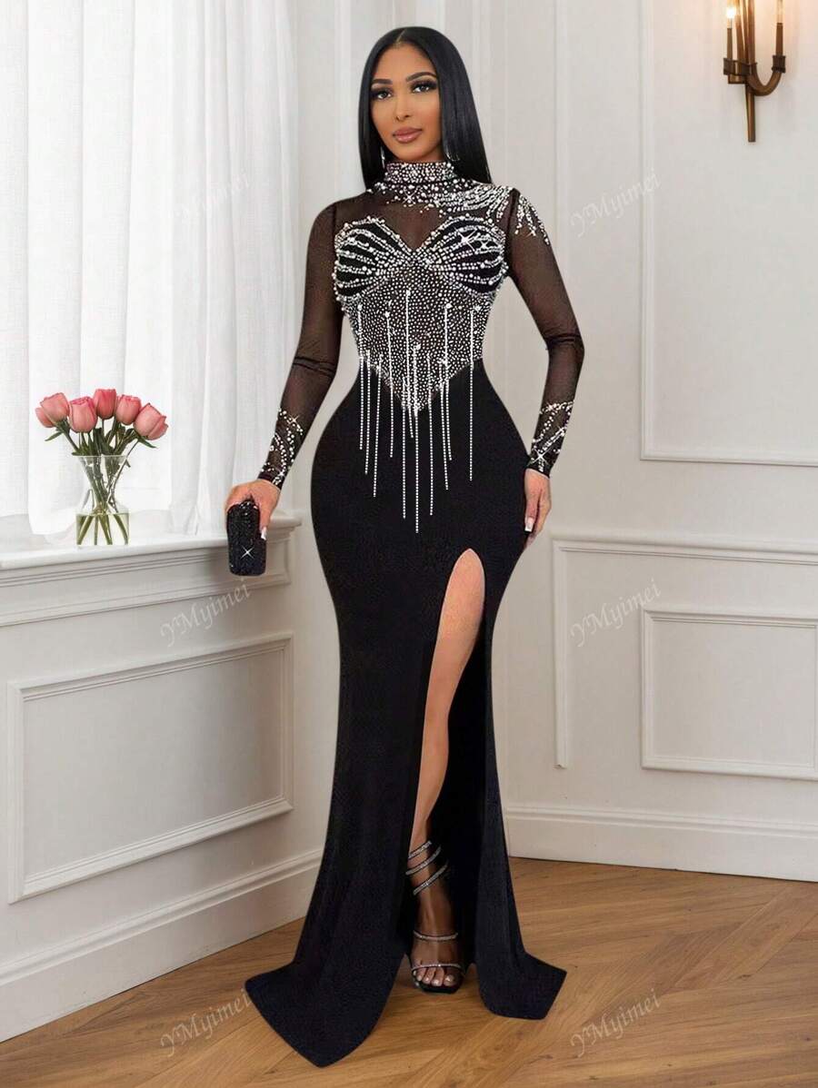 Vestido largo de mujer con cuello alto, manga larga, abertura lateral y adornos de rhinestone, sexy para verano