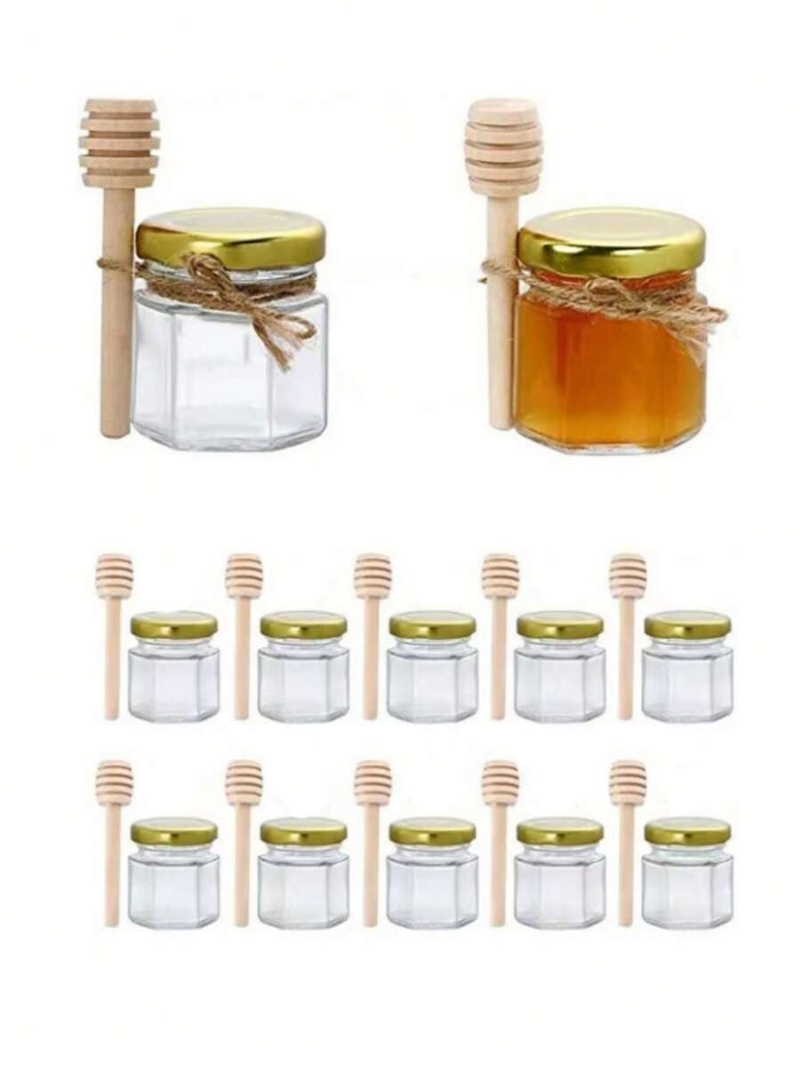 Set de 10 mini tarros de cristal hexagonales de 1.5 Oz de miel, equipados con cucharas de madera para salsa, tapa dorada, tarjeta de agradecimiento y yute, perfectos para baby showers, bodas, fiestas, regalos de boda y regalos de fiesta