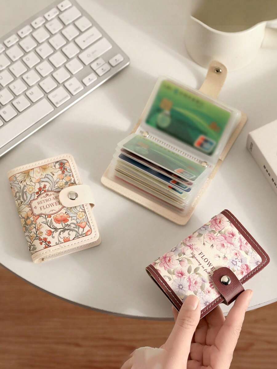 1pc Floral Painting Pattern Card Holder Wallet For Women, Vintage Style, Large Capacity, ID & Credit Card Slots