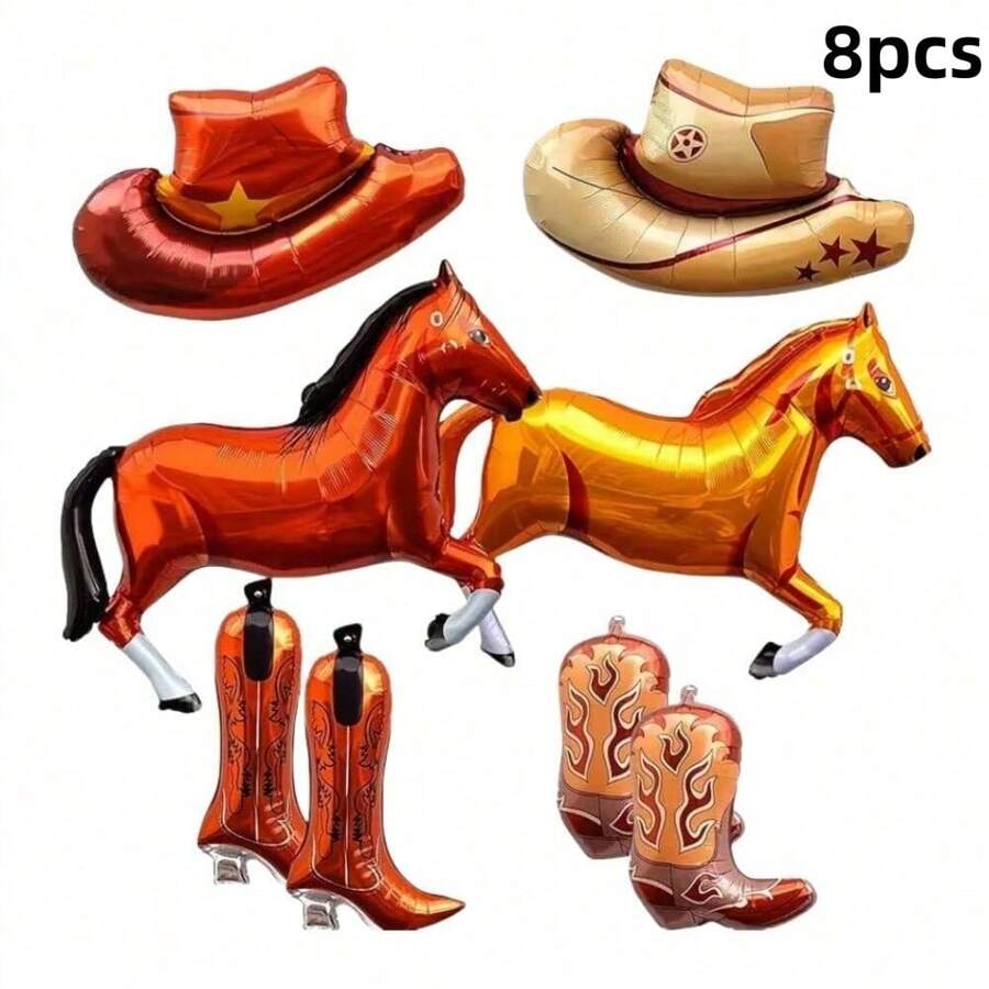 8pcs Western Theme Aluminum Foil Balloons Set, Horse & Cowboy Hat & Boot Shaped Aluminum Foil Balloons, Suitable For Western Cowboy Theme, Birthday Party Decoration, Horse Racing Events, Outdoor Dining Decor