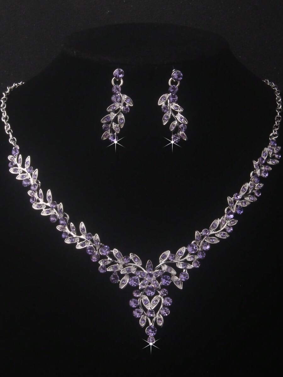 Hochwertiges Braut-Accessoire-Set für Frauen - Halskette, Ohrringe, Brautschmuck für Hochzeit, Bankett, Party, lila, blaues, rotes Halskette- und Ohrringe-Set