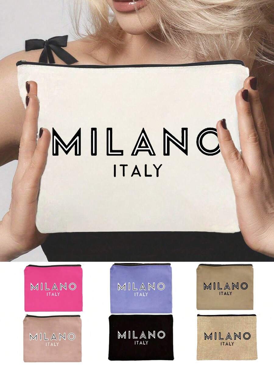 Printed With Letters MILANO Multi Functional Canvas Bag, Makeup Bag - Lightweight And Odorless Polyester Travel Wash Bag,Portable Makeup Bag, Perfect Travel Organizer For Cosmetics And Stationery, Canvas Bag,Fashionable Multifunctional Makeup Bag, Mother Makeup Bag, Travel Essentials, Dormitory Supplies, Bathroom Storage, Jewelry Storage, Lip Oil And Cosmetics Storage Bag School Supplies Pouch Make Up Bag Holiday Essentials,Mother's Day Gift