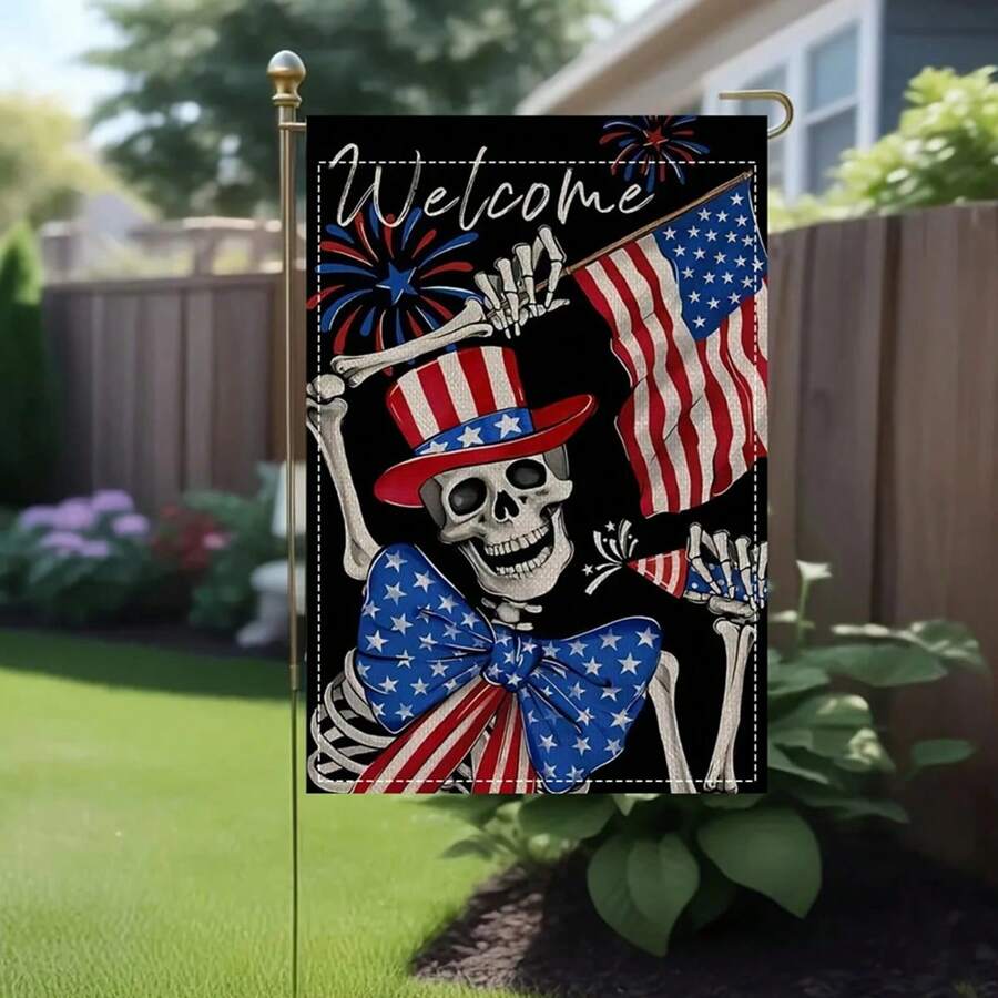 Patriotic Gothic Skull Garden Flag, 12x18 Inch - Double-Sided Polyester Outdoor Decor With American Flag And Firework Design For Independence Day Celebration, No Pole Required, Holiday Decoration Skull Design Durable Outdoor Flag, Patriotic Decor