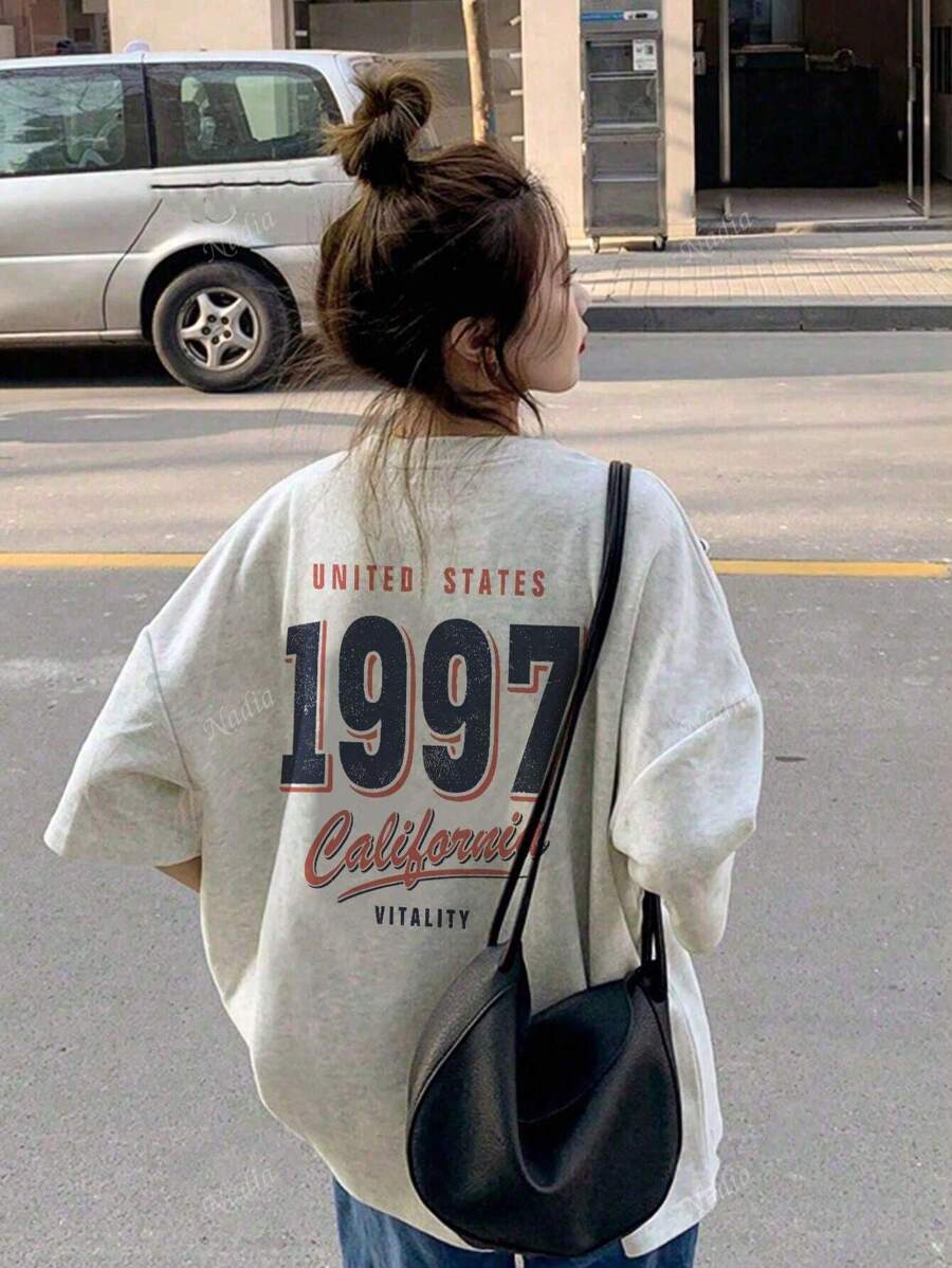Japanese Style Women Number & Letter Print Loose Crew Neck Casual Short Sleeve T-Shirt, Spring/Summer
