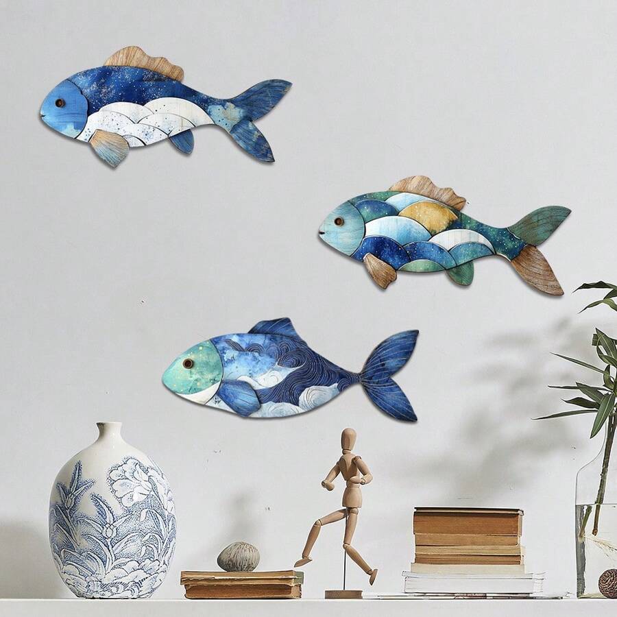 3pcs Mediterranean Fish Shaped Wall Decoration Wooden Wall Hanging Creative Wall Decoration